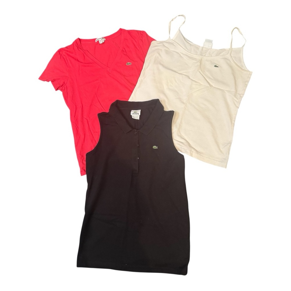 Lacoste Women’s Shirt Bundle Red T, White Tank, Black Sleeveless Polo